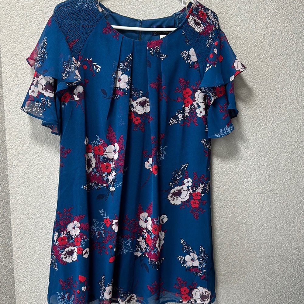 Francesca’s blue and floral dress